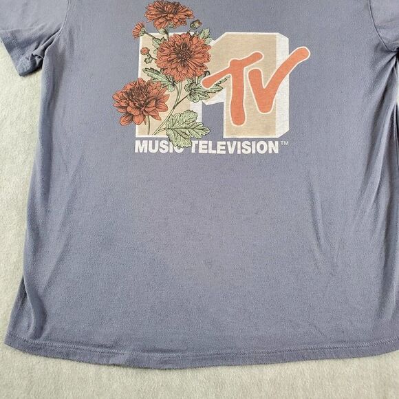 MTV Shirt Womens Large Grey Flower Print Music Television Short Sleeve Tee - Picture 2 of 8